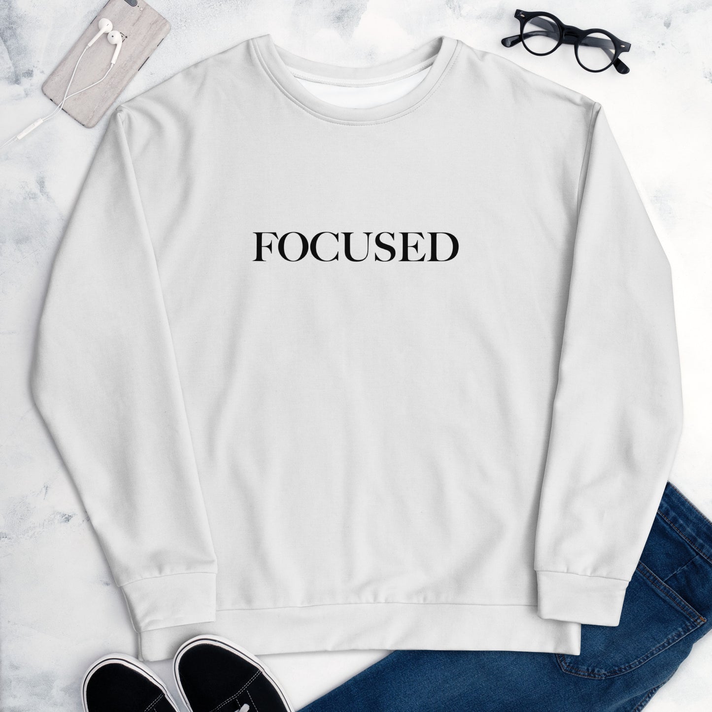 "FOCUSED" in white text (Front) & "Be the energy you want to attract" in white text (Back) - Premium Sweatshirt (Unisex) - EMPOWERED YOU DESIGNS, LLC