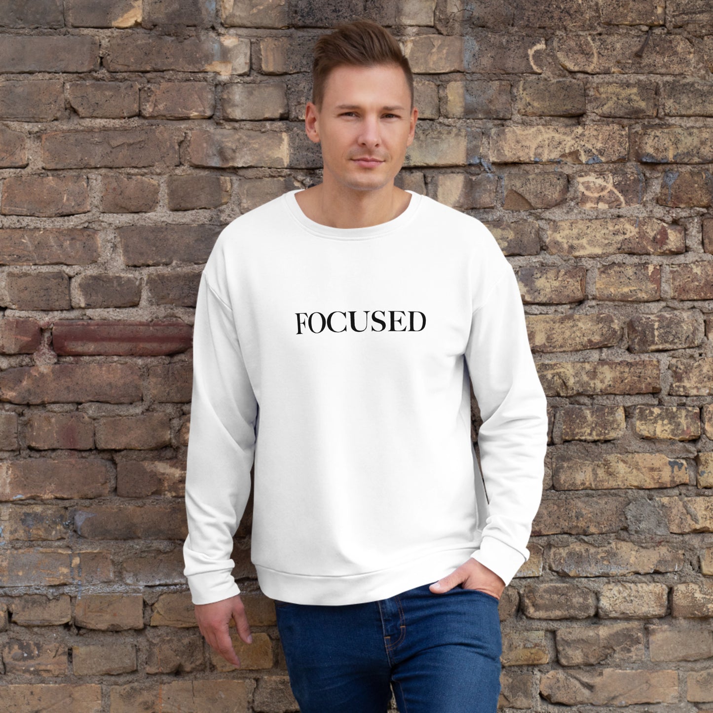 "FOCUSED" in white text (Front) & "Be the energy you want to attract" in white text (Back) - Premium Sweatshirt (Unisex) - EMPOWERED YOU DESIGNS, LLC