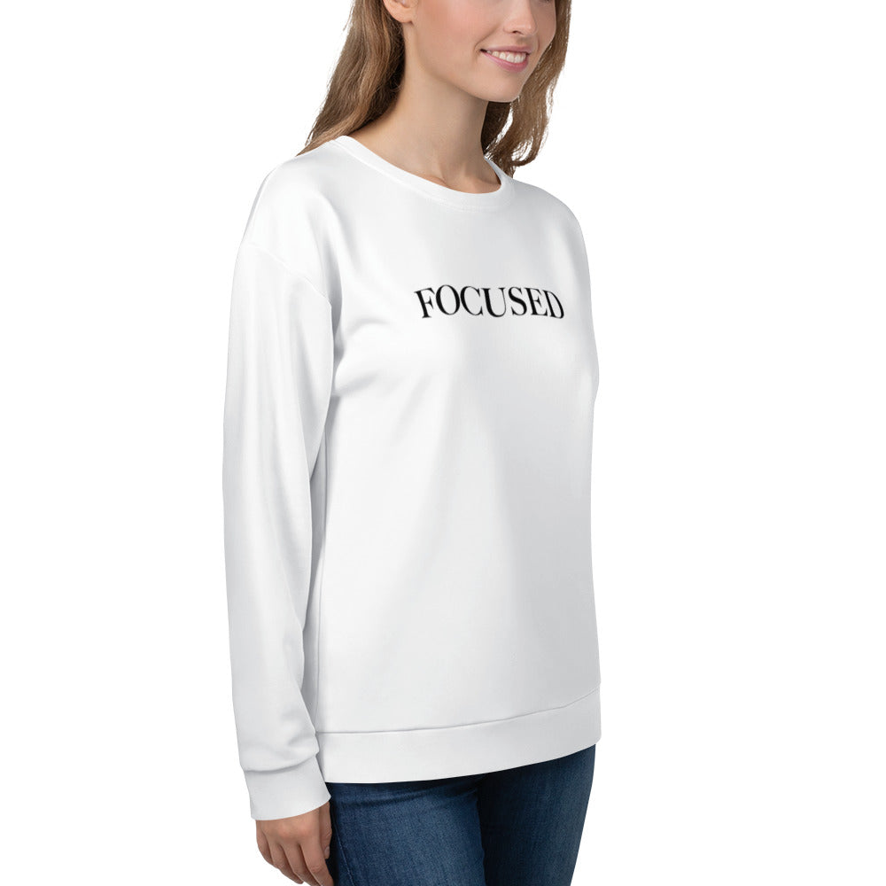 "FOCUSED" in white text (Front) & "Be the energy you want to attract" in white text (Back) - Premium Sweatshirt (Unisex) - EMPOWERED YOU DESIGNS, LLC