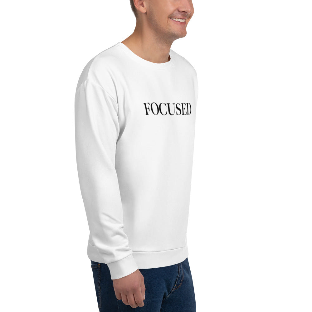 "FOCUSED" in white text (Front) & "Be the energy you want to attract" in white text (Back) - Premium Sweatshirt (Unisex) - EMPOWERED YOU DESIGNS, LLC