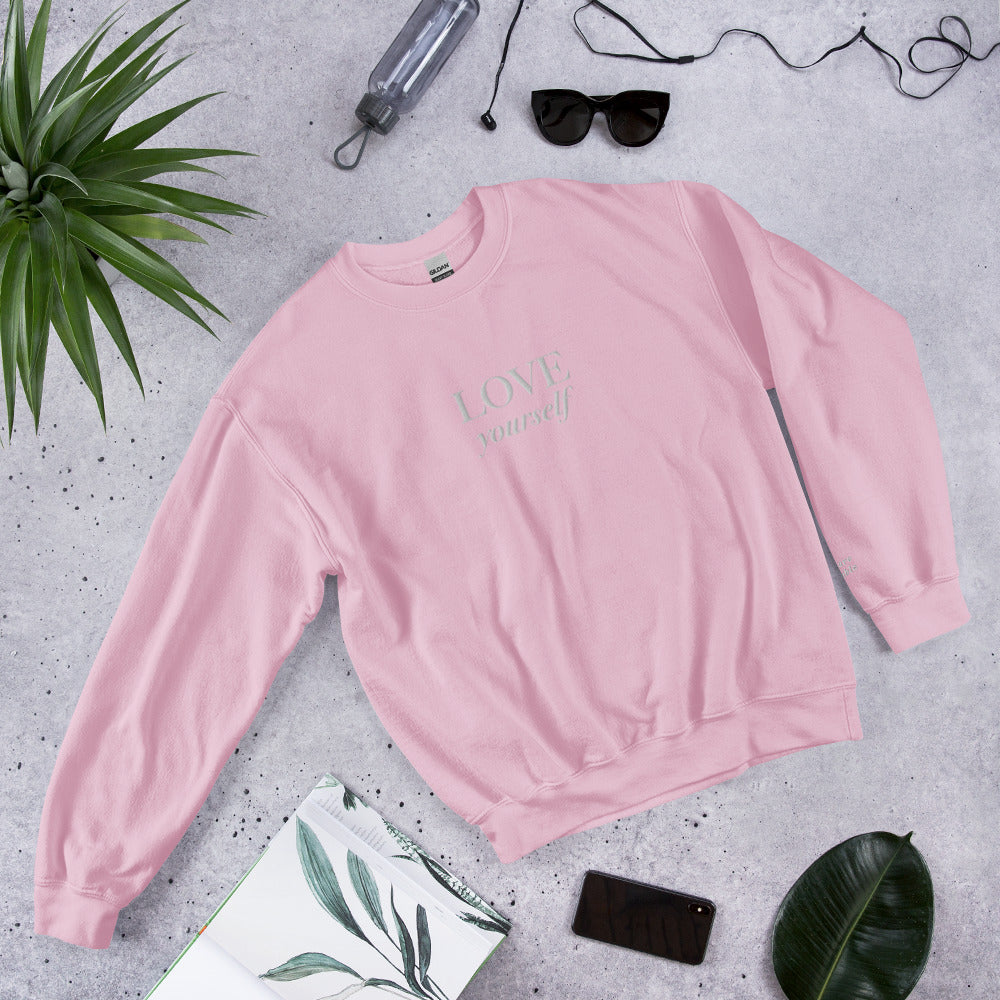 "LOVE yourself" with "you are lovable" (Left Sleeve) Embroidered Sweatshirt - EMPOWERED YOU DESIGNS, LLC