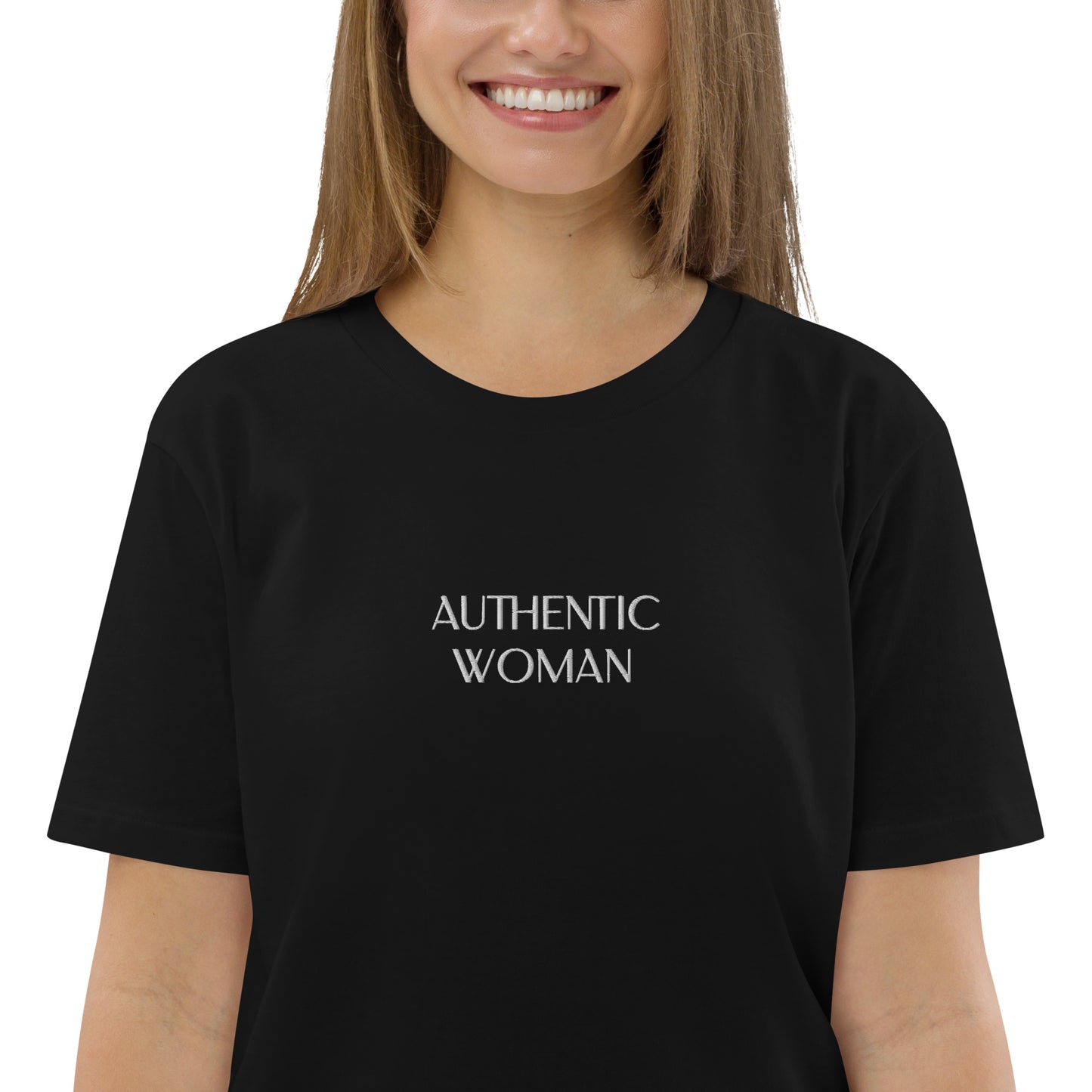 "AUTHENTIC WOMAN" Embroidered Organic Cotton T-Shirt - EMPOWERED YOU DESIGNS, LLC