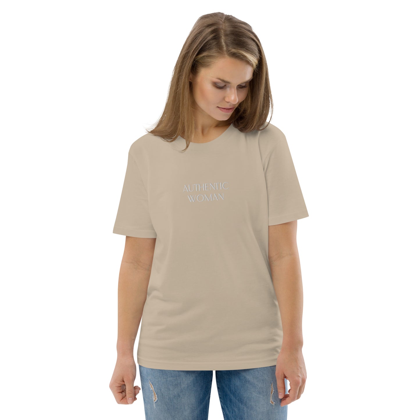"AUTHENTIC WOMAN" Embroidered Organic Cotton T-Shirt - EMPOWERED YOU DESIGNS, LLC