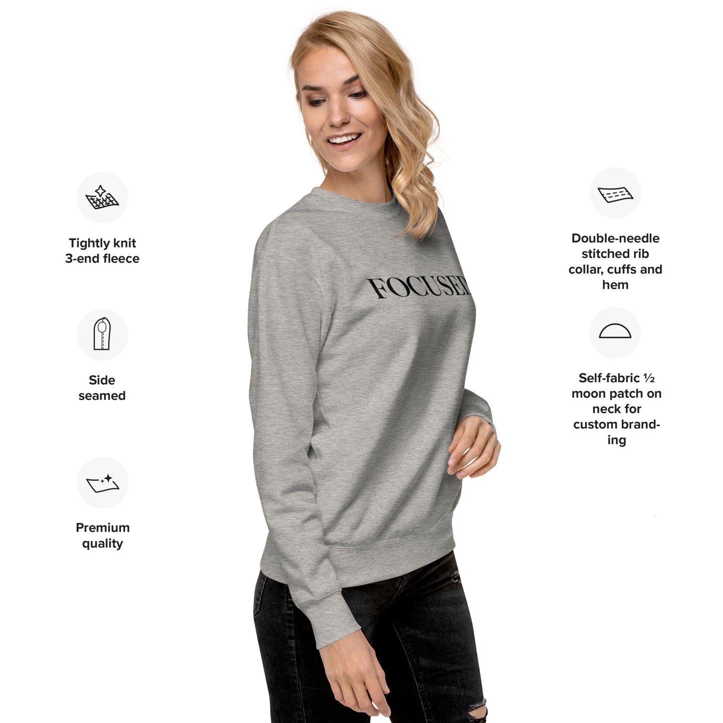 "FOCUSED" in black text (Front) & "Be the energy you want to attract" in black text (Back) - Premium Sweatshirt - EMPOWERED YOU DESIGNS, LLC
