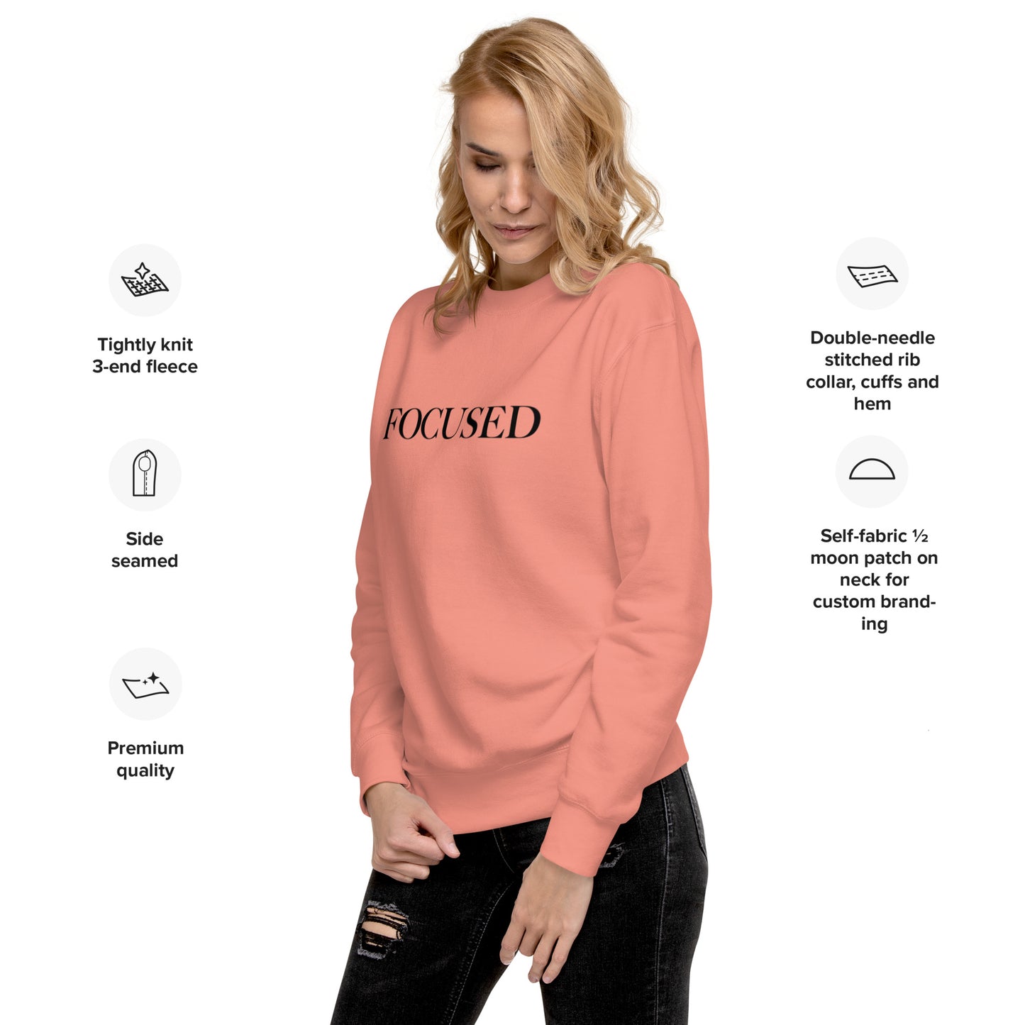 "FOCUSED" in black text (Front) & "Be the energy you want to attract" in black text (Back) - Premium Sweatshirt - EMPOWERED YOU DESIGNS, LLC