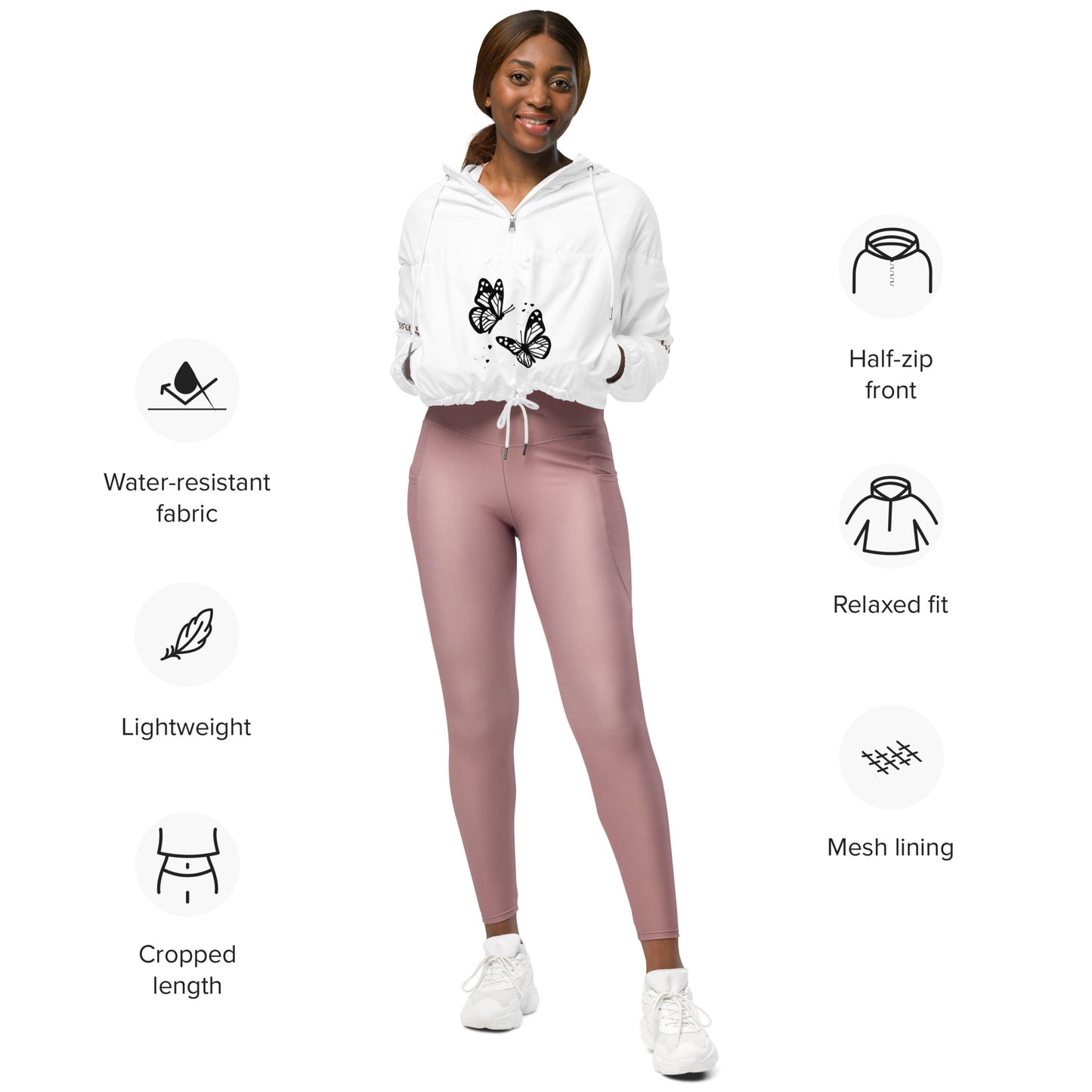 "encourage others" (On sleeves) Women’s Butterfly Cropped Windbreaker - EMPOWERED YOU DESIGNS, LLC
