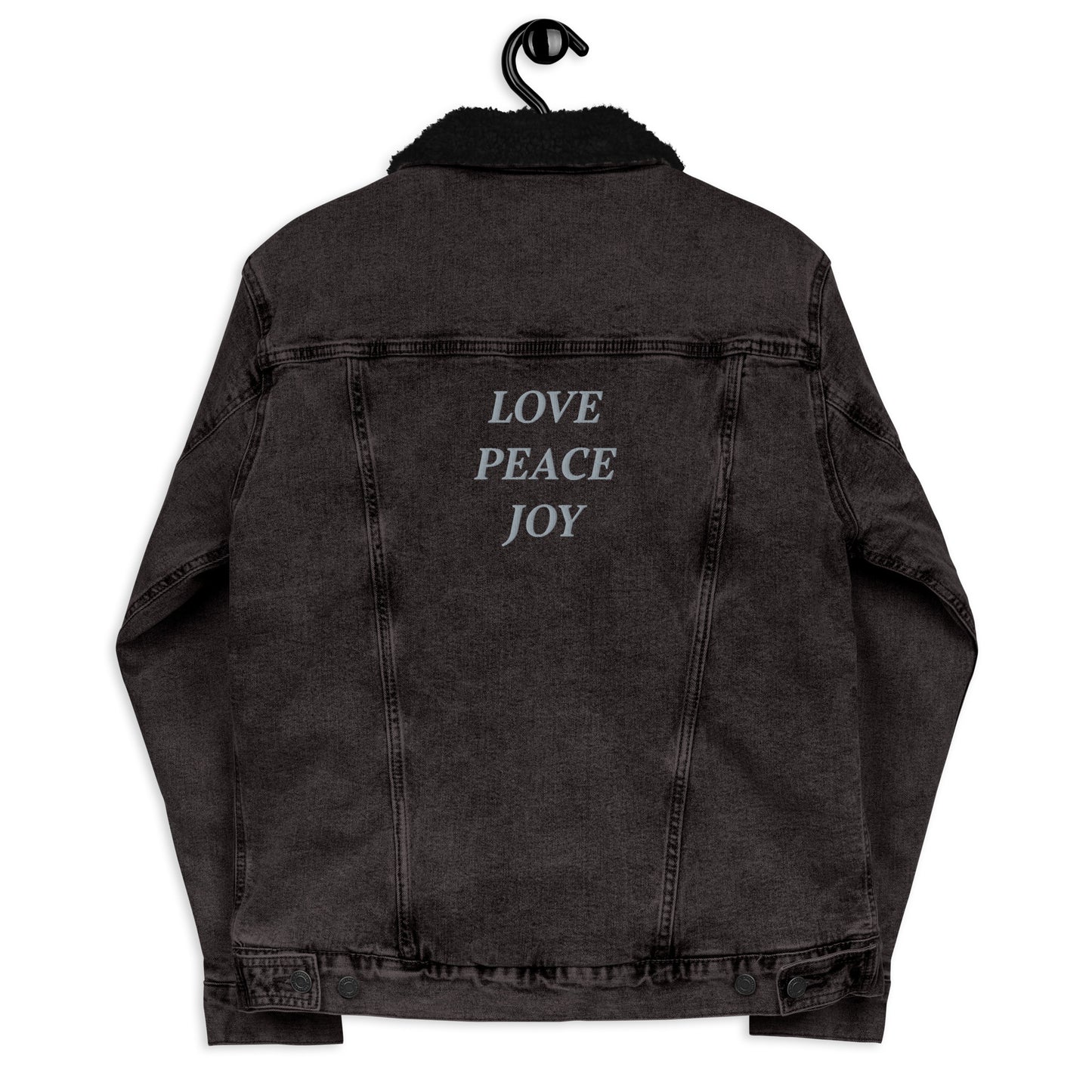 "At peace" with LOVE PEACE JOY (Back) Embroidered Sherpa Denim Black Jacket (Unisex) - EMPOWERED YOU DESIGNS, LLC