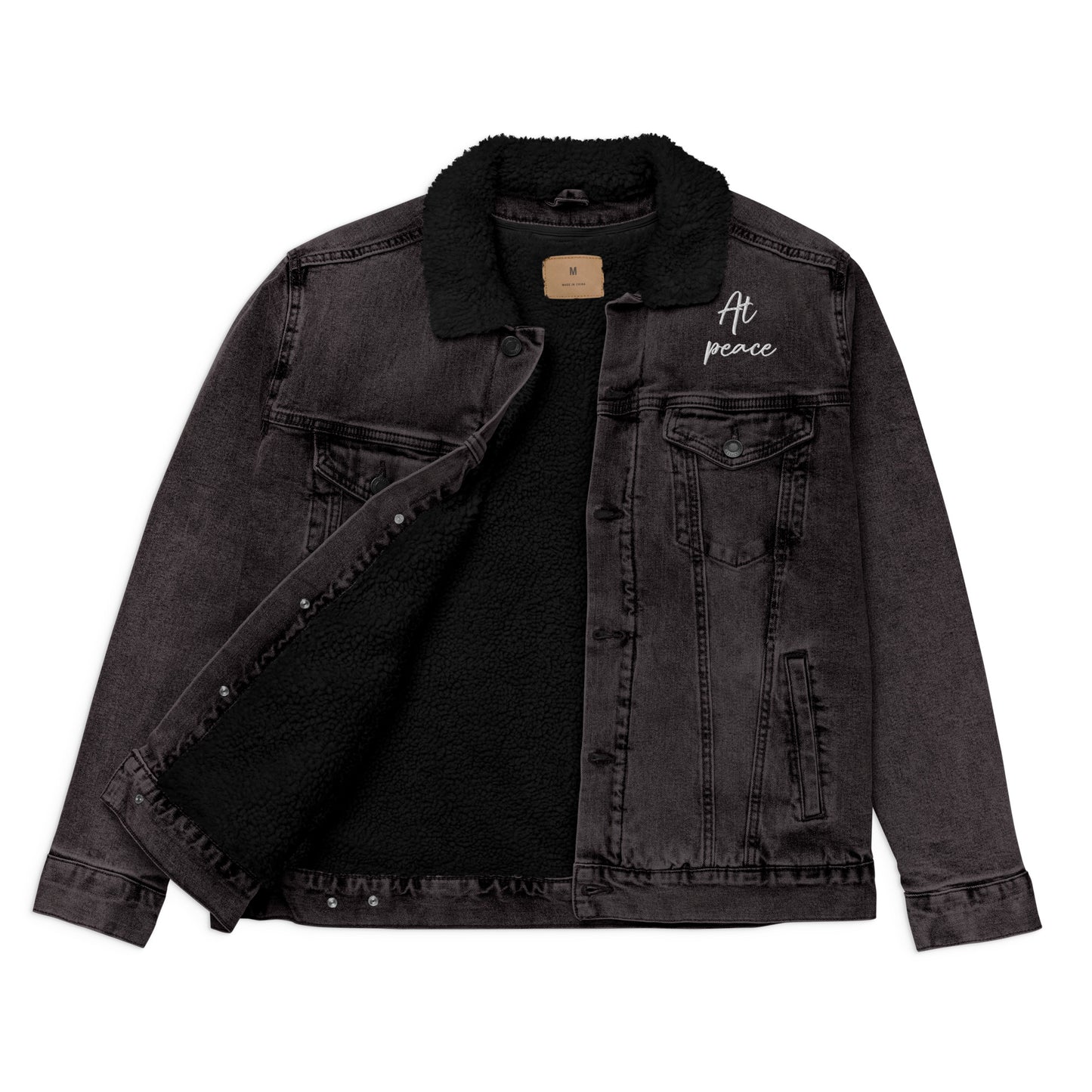 "At peace" with LOVE PEACE JOY (Back) Embroidered Sherpa Denim Black Jacket (Unisex) - EMPOWERED YOU DESIGNS, LLC