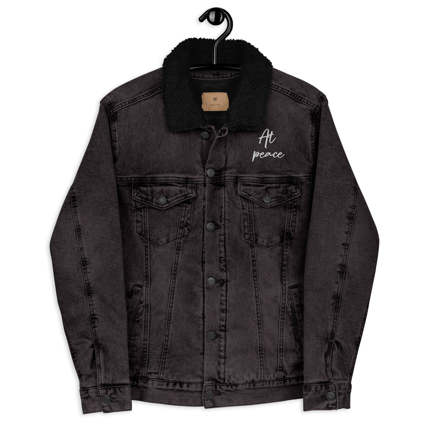 "At peace" with LOVE PEACE JOY (Back) Embroidered Sherpa Denim Black Jacket (Unisex) - EMPOWERED YOU DESIGNS, LLC