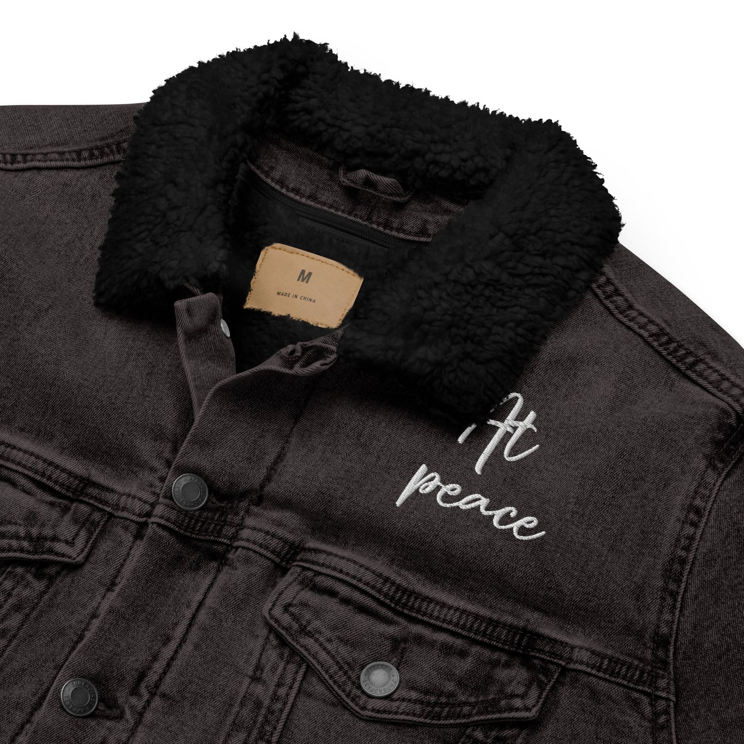 "At peace" with LOVE PEACE JOY (Back) Embroidered Sherpa Denim Black Jacket (Unisex) - EMPOWERED YOU DESIGNS, LLC