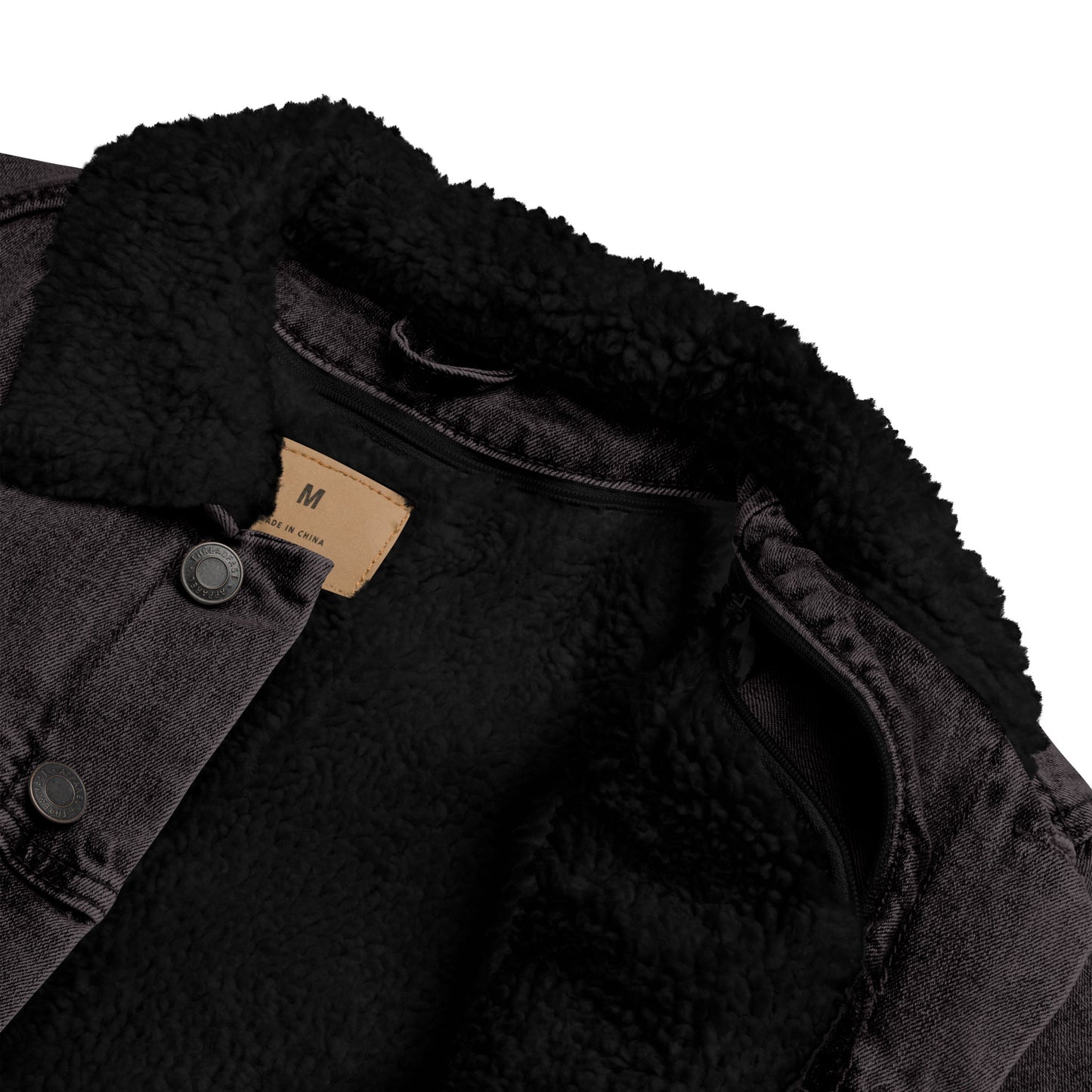 "At peace" with LOVE PEACE JOY (Back) Embroidered Sherpa Denim Black Jacket (Unisex) - EMPOWERED YOU DESIGNS, LLC