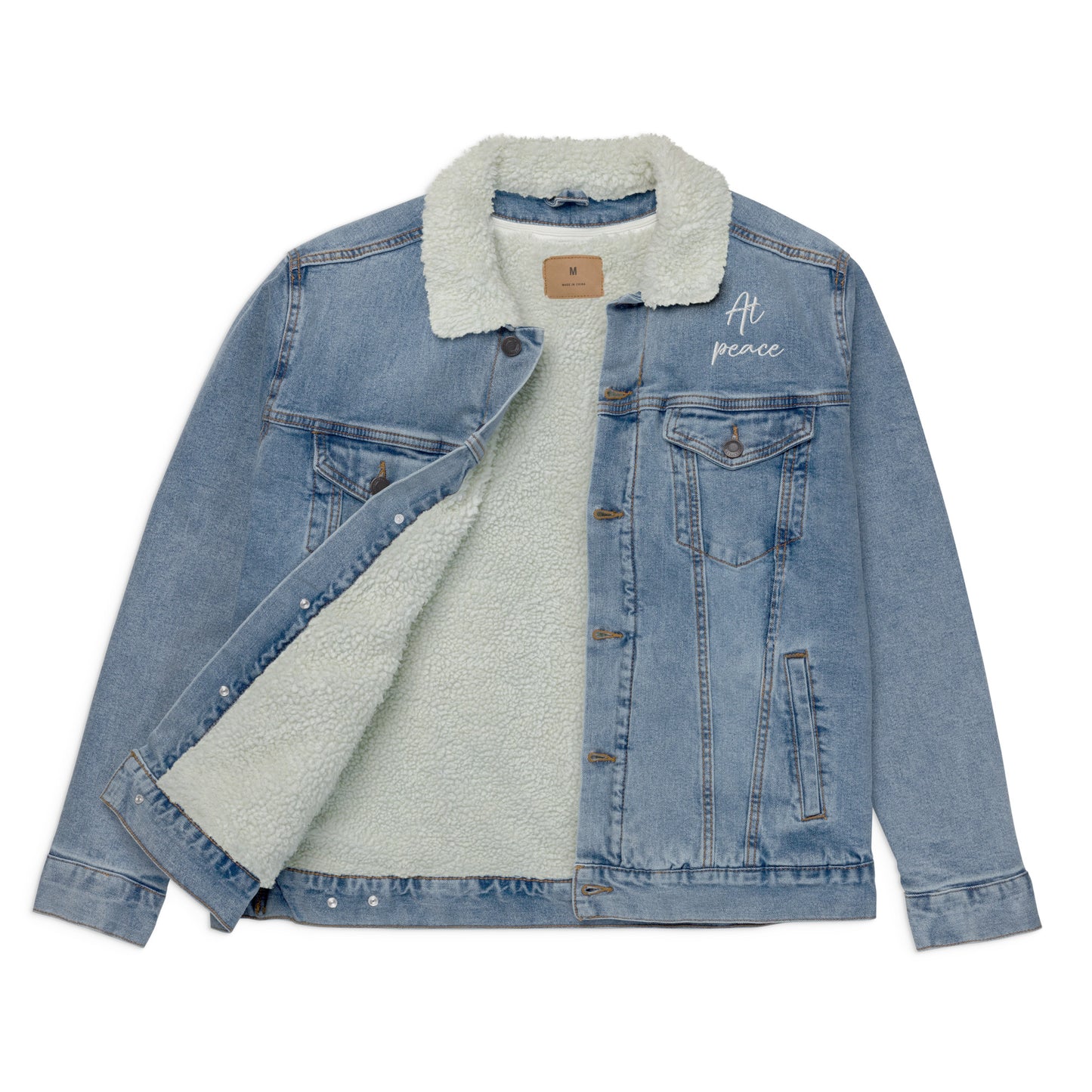 "At peace" with LOVE PEACE JOY (Back) Embroidered Sherpa Blue Denim Jacket (Unisex) - EMPOWERED YOU DESIGNS, LLC