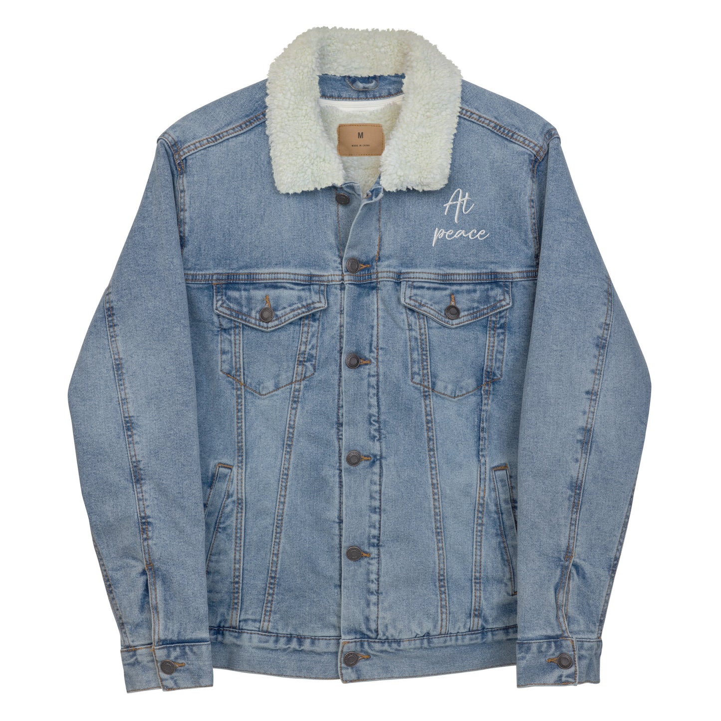 "At peace" with LOVE PEACE JOY (Back) Embroidered Sherpa Blue Denim Jacket (Unisex) - EMPOWERED YOU DESIGNS, LLC