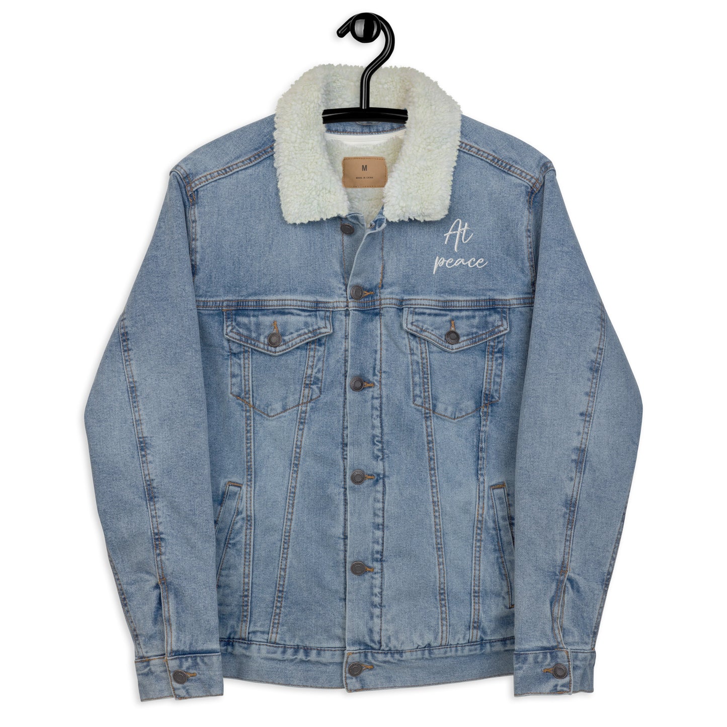 "At peace" with LOVE PEACE JOY (Back) Embroidered Sherpa Blue Denim Jacket (Unisex) - EMPOWERED YOU DESIGNS, LLC
