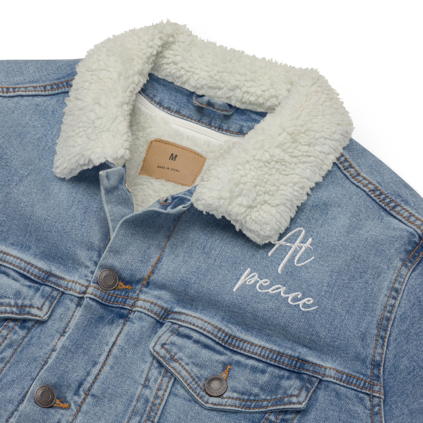 "At peace" with LOVE PEACE JOY (Back) Embroidered Sherpa Blue Denim Jacket (Unisex) - EMPOWERED YOU DESIGNS, LLC