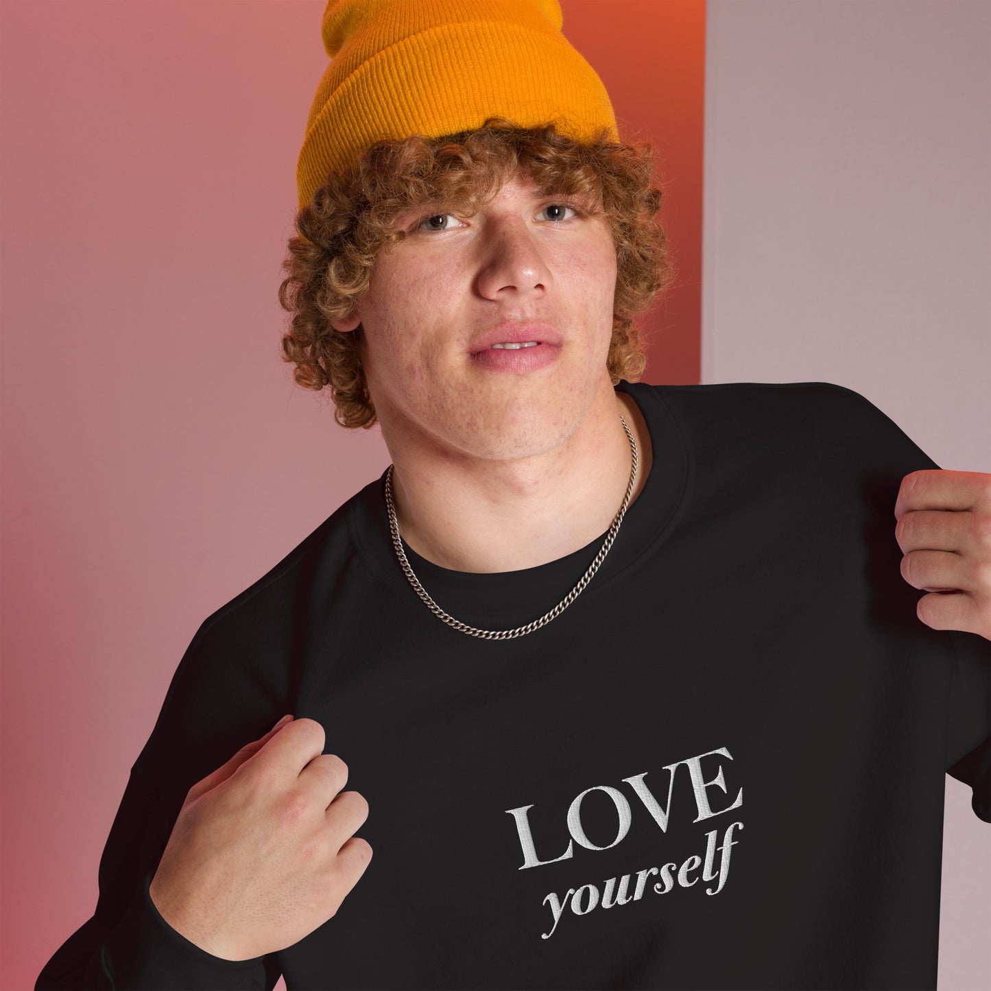 "LOVE yourself" with "you are lovable" (Left Sleeve) Embroidered Sweatshirt