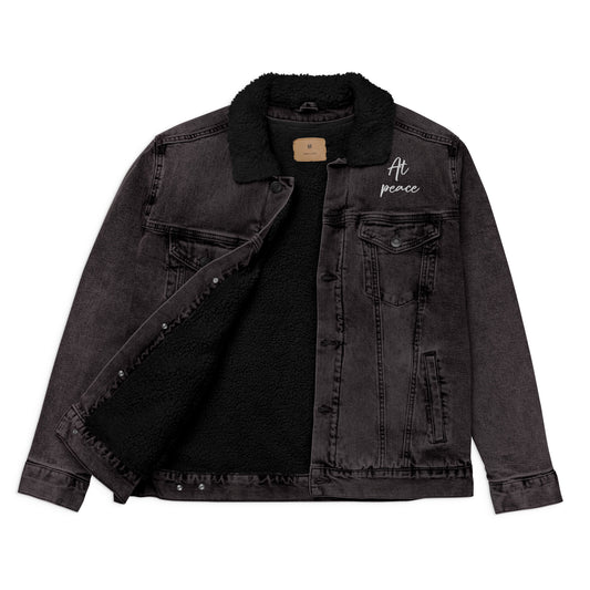 "At peace" with LOVE PEACE JOY (Back) Embroidered Sherpa Denim Black Jacket (Unisex)